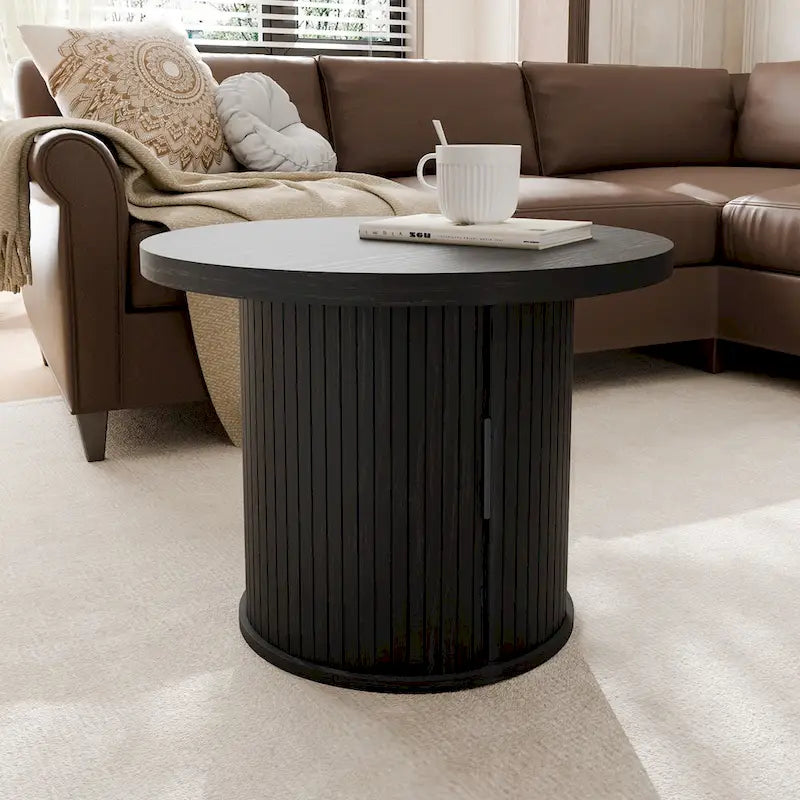 Tambour Design Round Coffee Table with Storage Shelf