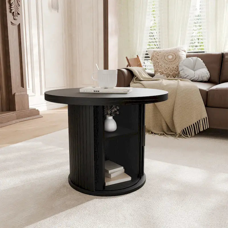 Tambour Design Round Coffee Table with Storage Shelf