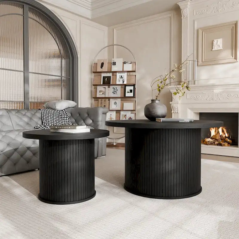 Tambour Design Round Coffee Table with Storage Shelf