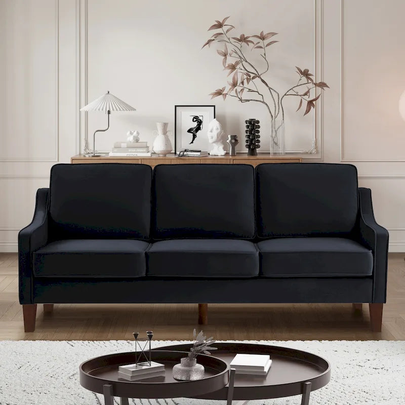 Modern 3-Seat Sofa Couch with Scooped Armrest and Wood Legs - 29.00 x 74.00 x 34.25