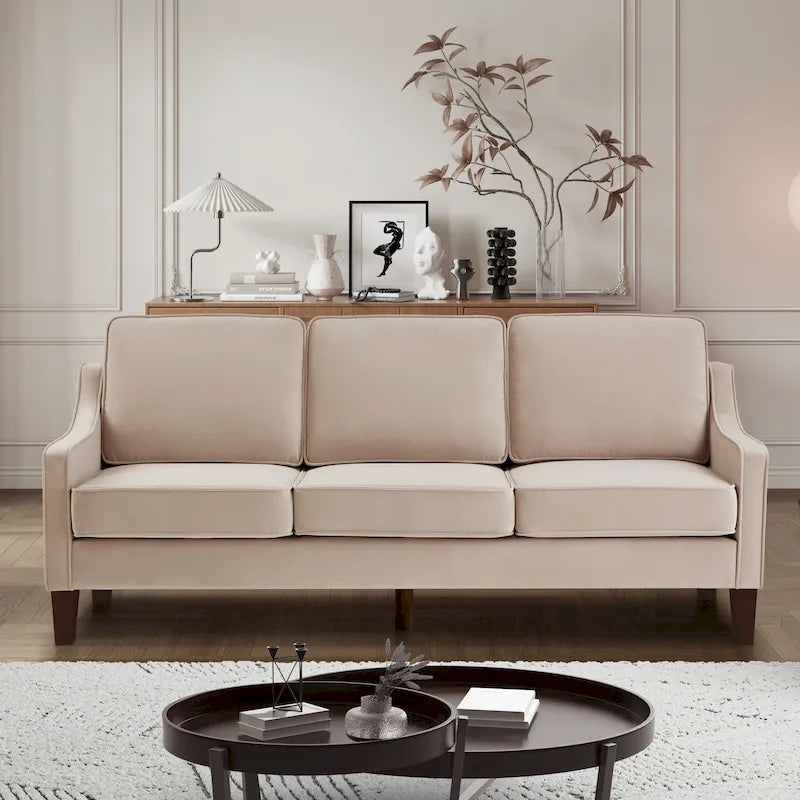 Modern 3-Seat Sofa Couch with Scooped Armrest and Wood Legs - 29.00 x 74.00 x 34.25