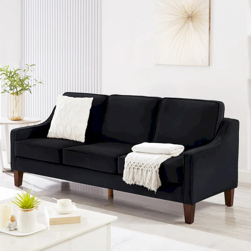 Modern 3-Seat Sofa Couch with Scooped Armrest and Wood Legs - 29.00 x 74.00 x 34.25