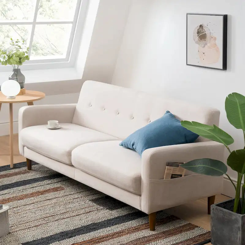 ADAIR Modern Tufted Linen Sofa with Armrest Pockets by Crown Comfort