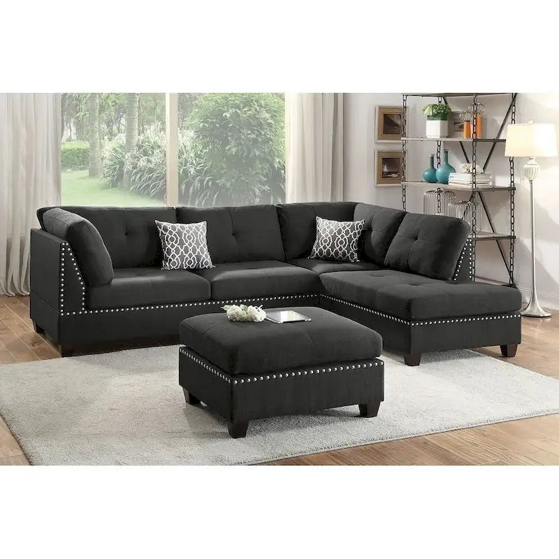 Bobkona Chaise Upholstered 3-piece Reversible Sectional Sofa Set
