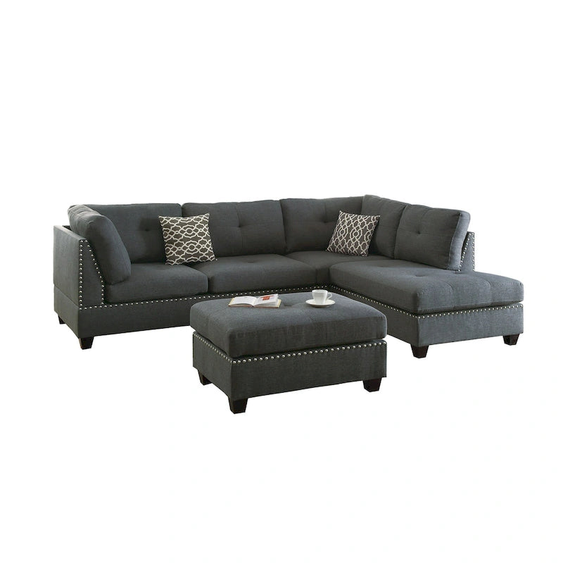 Bobkona Chaise Upholstered 3-piece Reversible Sectional Sofa Set