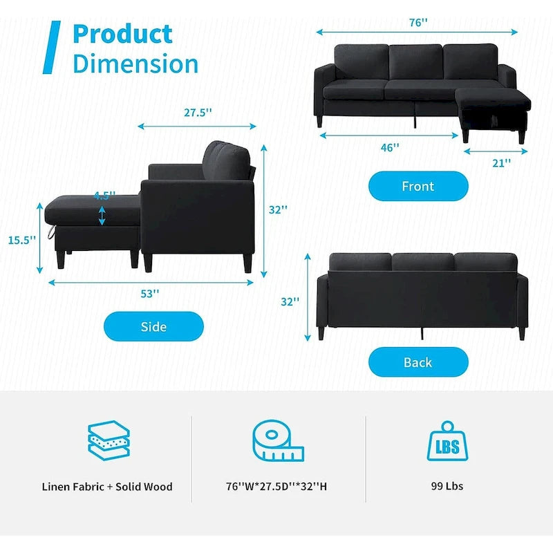 Mixoy Convertible Sectional Sofa with Storage Ottoman, Reversible Chaise