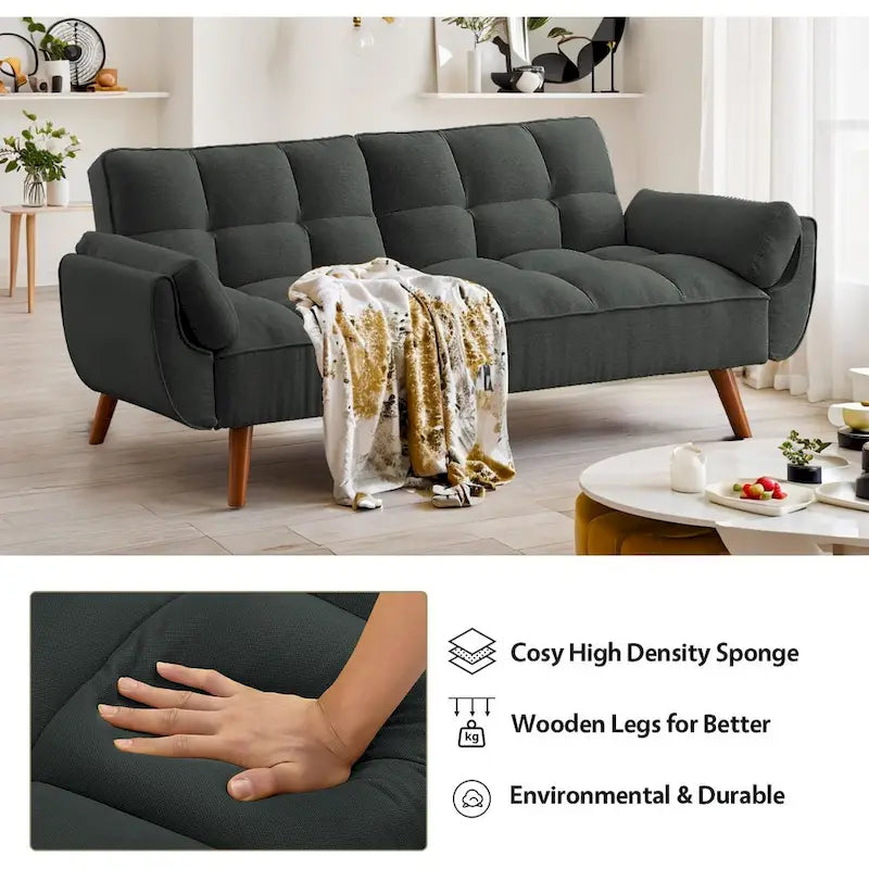 75.39 IN. Futon Sofa Bed, Convertible Upholstered Couch Sleeper with Reclining Sleeper Split Tufted Back