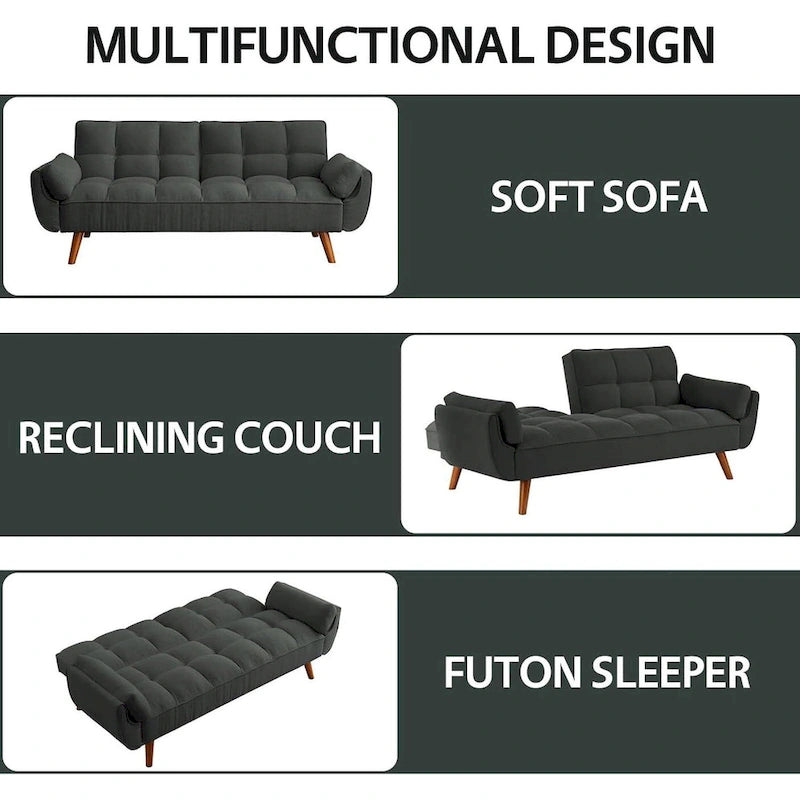 75.39 IN. Futon Sofa Bed, Convertible Upholstered Couch Sleeper with Reclining Sleeper Split Tufted Back