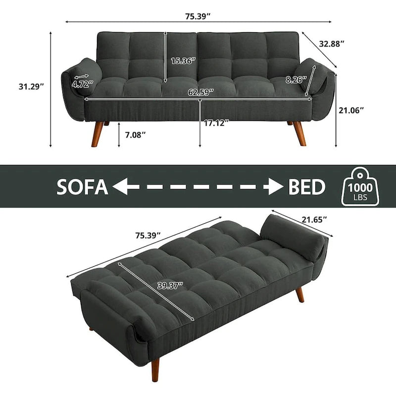 75.39 IN. Futon Sofa Bed, Convertible Upholstered Couch Sleeper with Reclining Sleeper Split Tufted Back