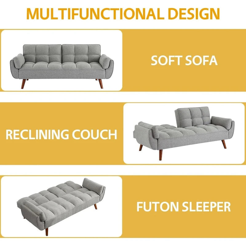 75.39 IN. Futon Sofa Bed, Convertible Upholstered Couch Sleeper with Reclining Sleeper Split Tufted Back