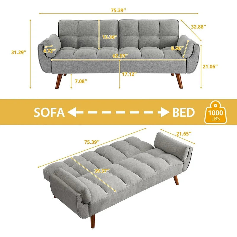 75.39 IN. Futon Sofa Bed, Convertible Upholstered Couch Sleeper with Reclining Sleeper Split Tufted Back