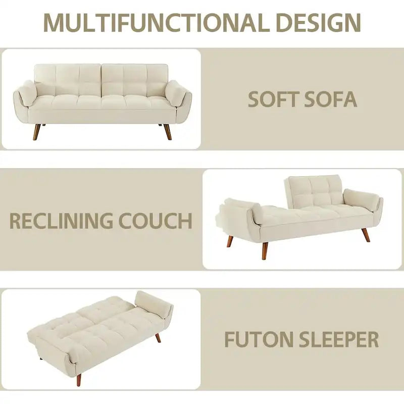 75.39 IN. Futon Sofa Bed, Convertible Upholstered Couch Sleeper with Reclining Sleeper Split Tufted Back