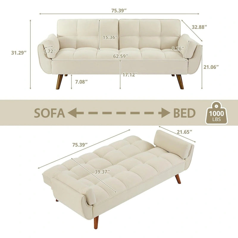 75.39 IN. Futon Sofa Bed, Convertible Upholstered Couch Sleeper with Reclining Sleeper Split Tufted Back