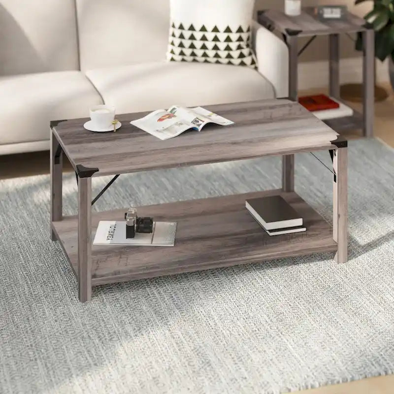 2-Tier Coffee Table with Metal Side Braces and Corner Caps