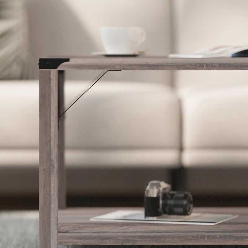 2-Tier Coffee Table with Metal Side Braces and Corner Caps