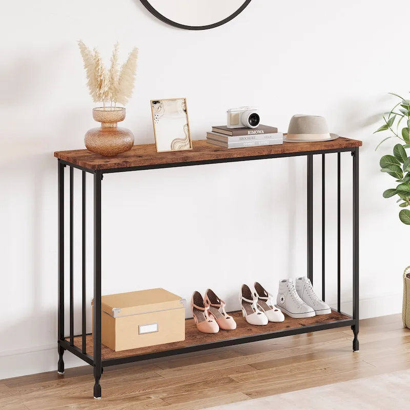 2 Tier Retro Console Table with MDF Shelf Storage - 41.3