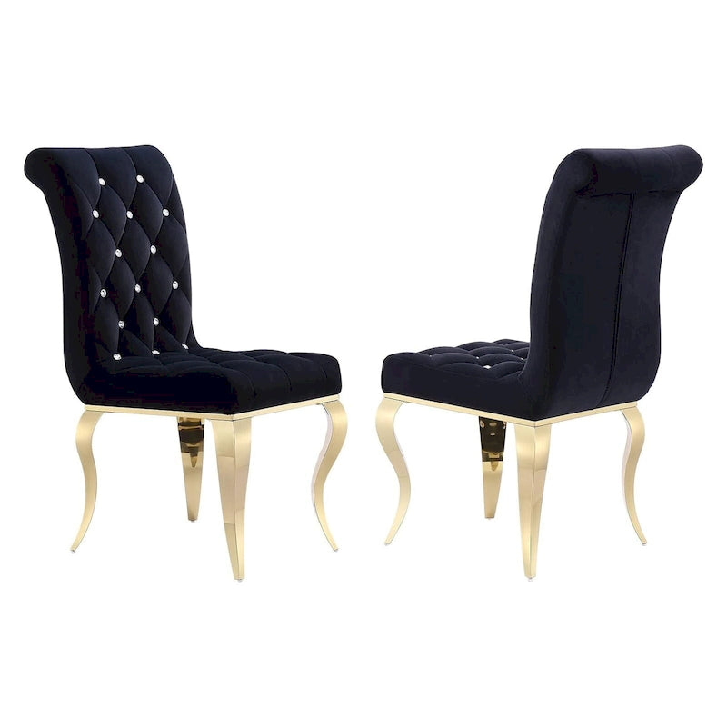 Velvet Upholstered Chairs with Crystal Decor Button Tufted back and Mirror metal Cabriole Legs