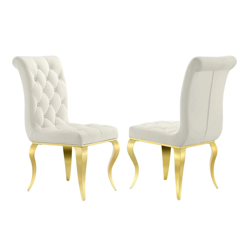 Velvet Upholstered Chairs with Crystal Decor Button Tufted back and Mirror metal Cabriole Legs