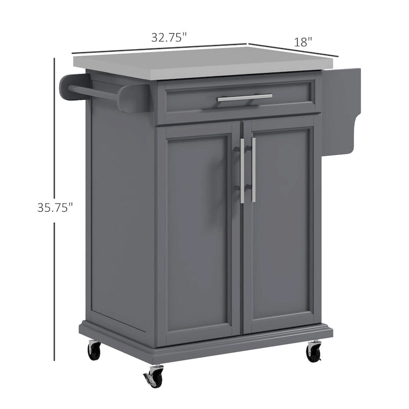 HOMCOM Kitchen Island on Wheels, Rolling Kitchen Cart with Stainless Steel Countertop, Drawer, Gray