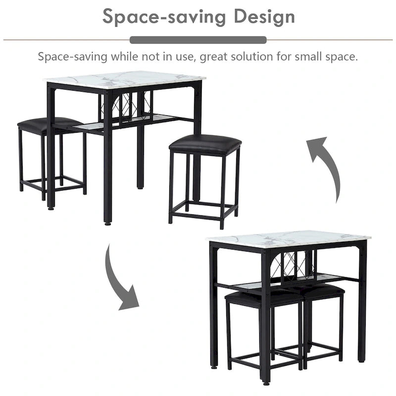 3 Piece Dining Room Table Set, Counter Height Dining Set Faux Marble Table w/ Wine Rack 2 Chairs Kitchen