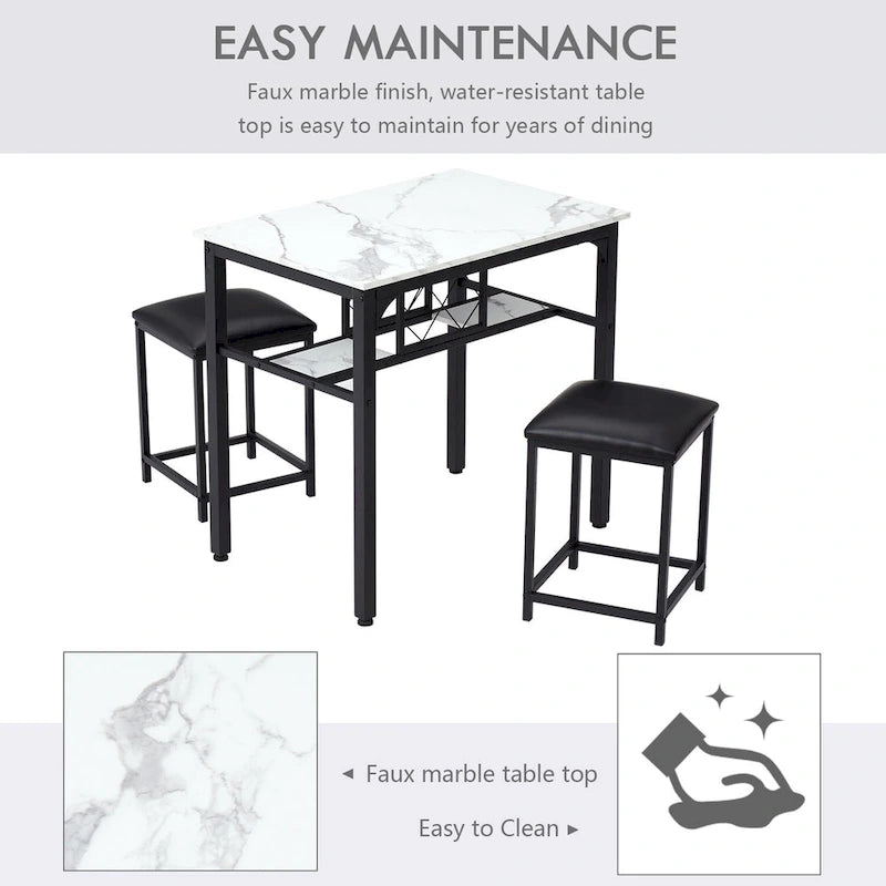 3 Piece Dining Room Table Set, Counter Height Dining Set Faux Marble Table w/ Wine Rack 2 Chairs Kitchen