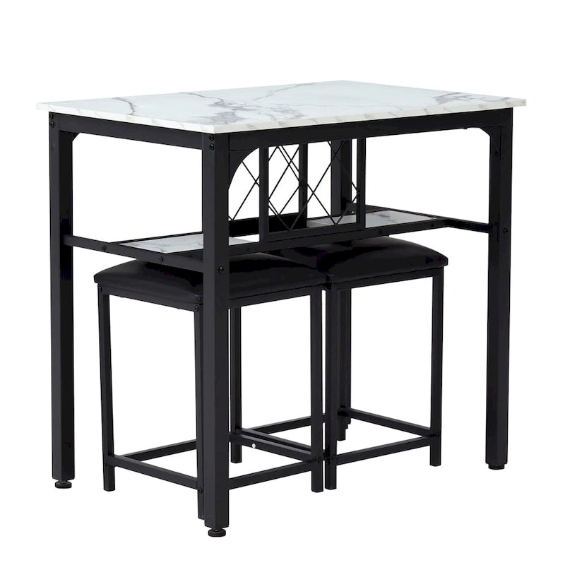 3 Piece Dining Room Table Set, Counter Height Dining Set Faux Marble Table w/ Wine Rack 2 Chairs Kitchen