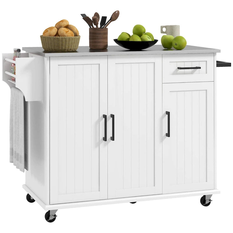 HOMCOM Kitchen Island with Storage, Rolling Kitchen Island on Wheels with Drawer, 3 Cabinets, Stainless Steel Countertop