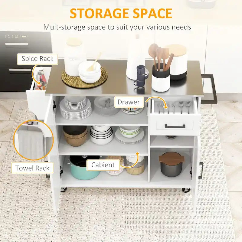 HOMCOM Kitchen Island with Storage, Rolling Kitchen Island on Wheels with Drawer, 3 Cabinets, Stainless Steel Countertop