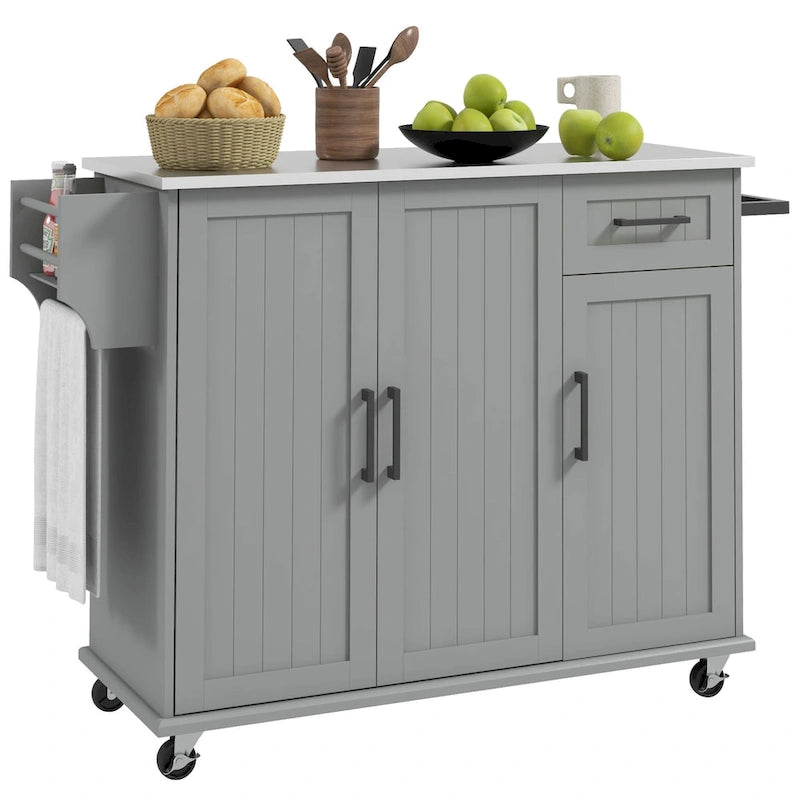 HOMCOM Kitchen Island with Storage, Rolling Kitchen Island on Wheels with Drawer, 3 Cabinets, Stainless Steel Countertop