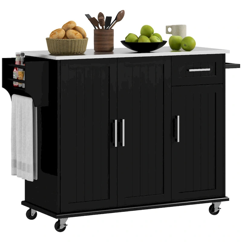 HOMCOM Kitchen Island with Storage, Rolling Kitchen Island on Wheels with Drawer, 3 Cabinets, Stainless Steel Countertop