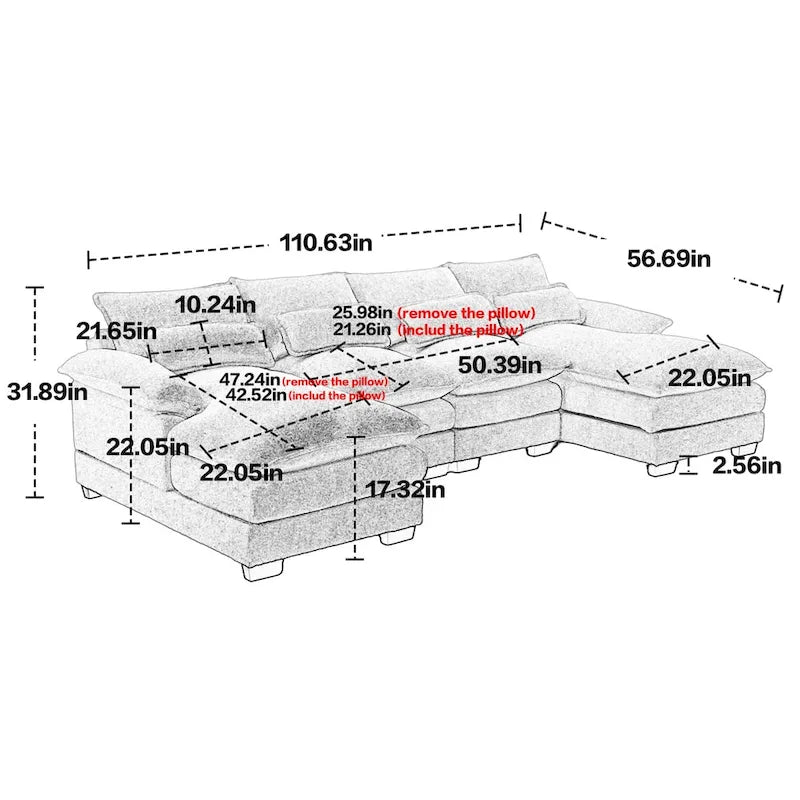 Sectional Sofa Cloud Couch for Living Room, Modern Chenille/Boucle U Shaped Couch, Comfy Modular Sofa Sleeper with Double Chaise