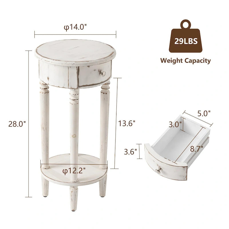 COSIEST White Distressed Round Tall Telephone Stand Table