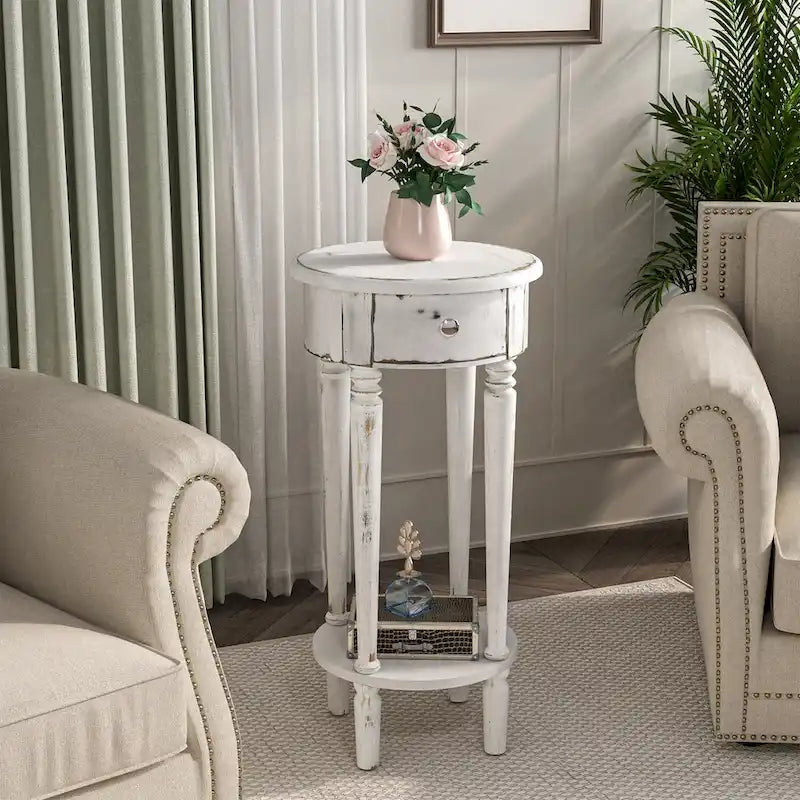 COSIEST White Distressed Round Tall Telephone Stand Table