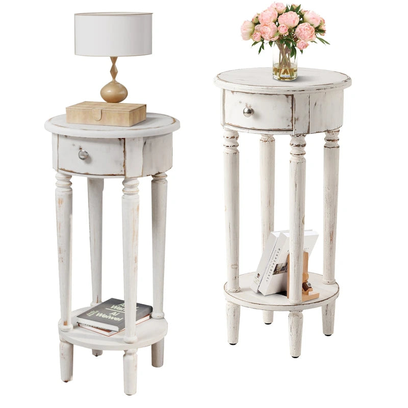COSIEST White Distressed Round Tall Telephone Stand Table