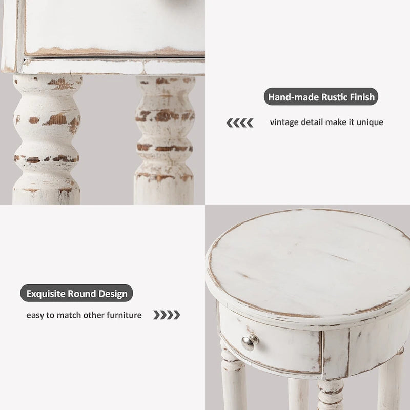COSIEST White Distressed Round Tall Telephone Stand Table