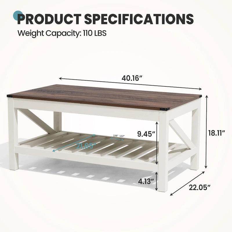 Crestlive Living Room Coffee Table with Storage Shelf, Sofa Center Table - 40.16 W x 22.05 D x 18.11 H