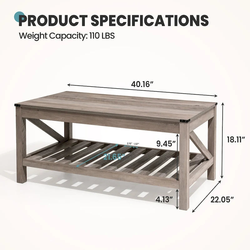 Crestlive Living Room Coffee Table with Storage Shelf, Sofa Center Table - 40.16 W x 22.05 D x 18.11 H