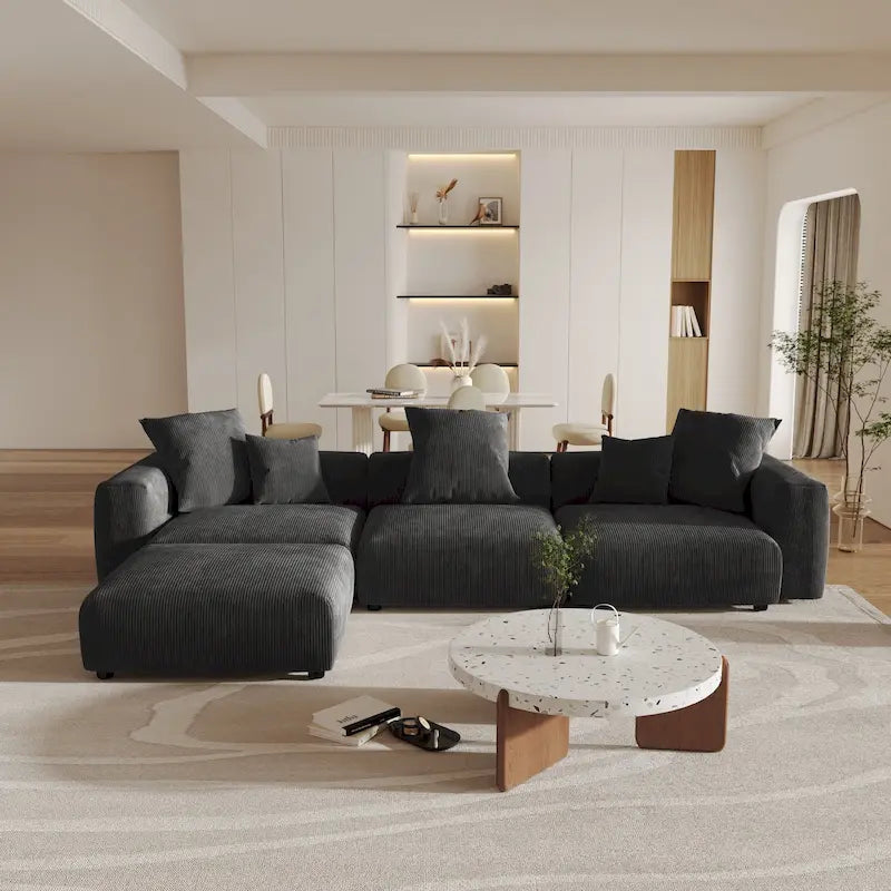 141.73  Corduroy Large Reversible Modular Sectional Sofa L-Shape Couch with Otoman and Pillow