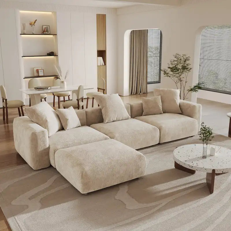 141.73  Corduroy Large Reversible Modular Sectional Sofa L-Shape Couch with Otoman and Pillow