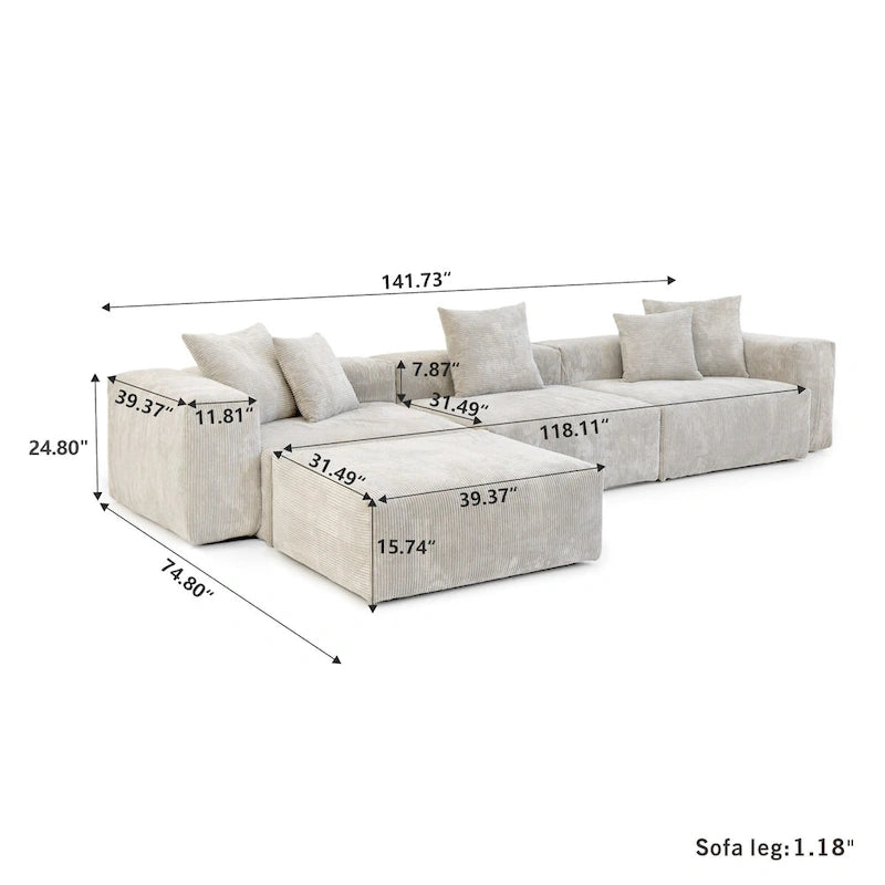 141.73  Corduroy Large Reversible Modular Sectional Sofa L-Shape Couch with Otoman and Pillow