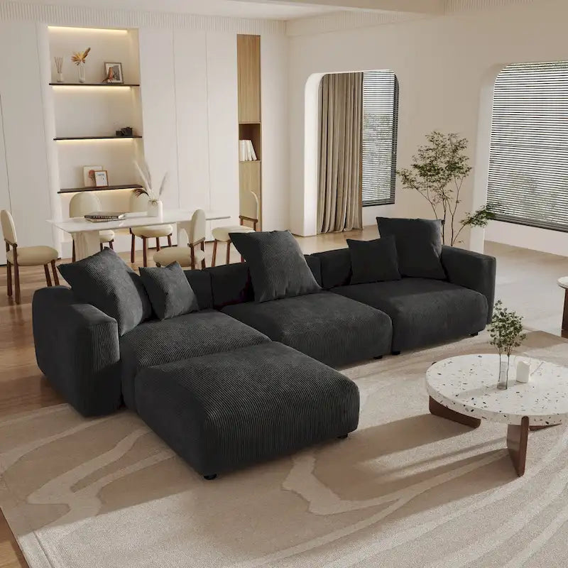 141.73  Corduroy Large Reversible Modular Sectional Sofa L-Shape Couch with Otoman and Pillow