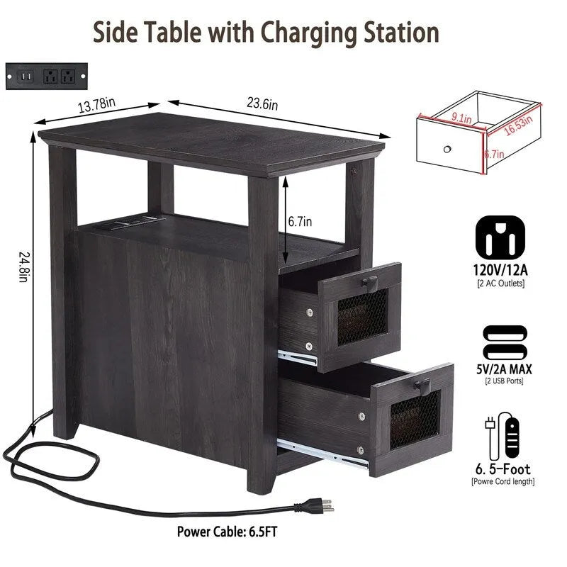 End Table with Charging Station - 13.78D x 23.6W x 24.8H