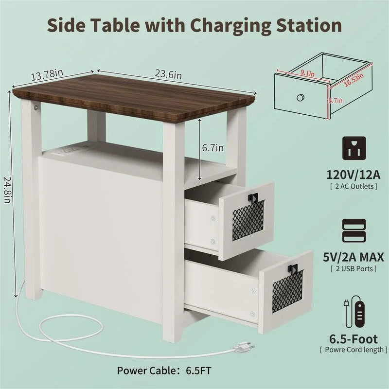End Table with Charging Station - 13.78D x 23.6W x 24.8H
