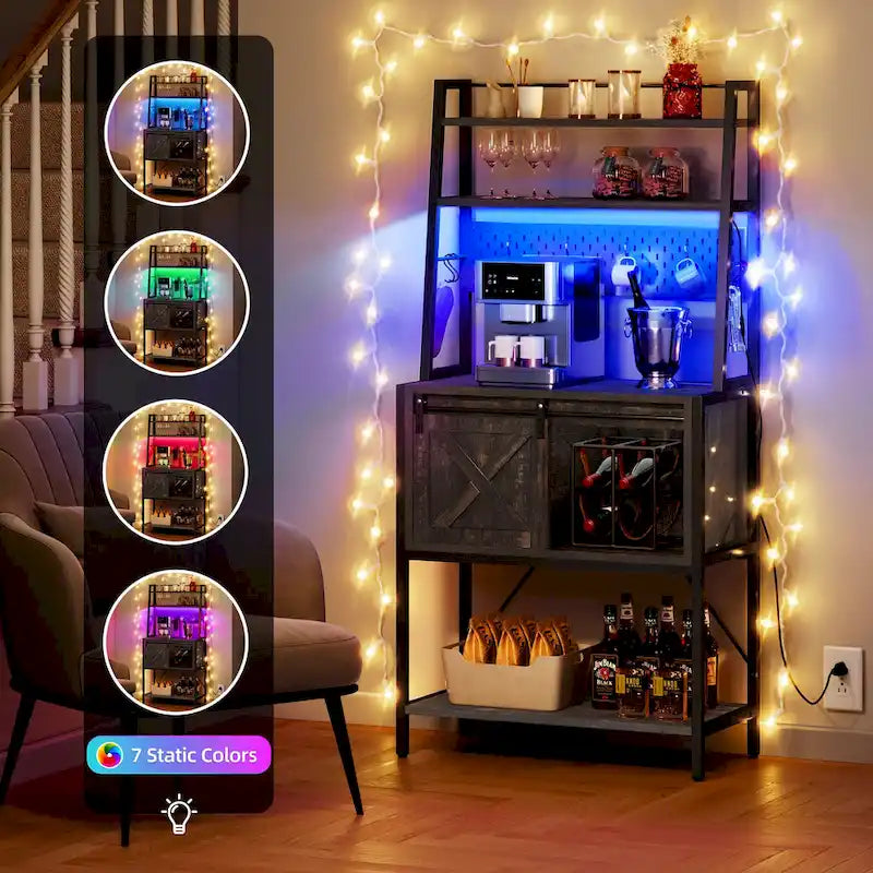 Moasis 5 Tier Kitchen LED Bakers Rack with Sliding Storage and Shelves Bar Table with Power Outlet