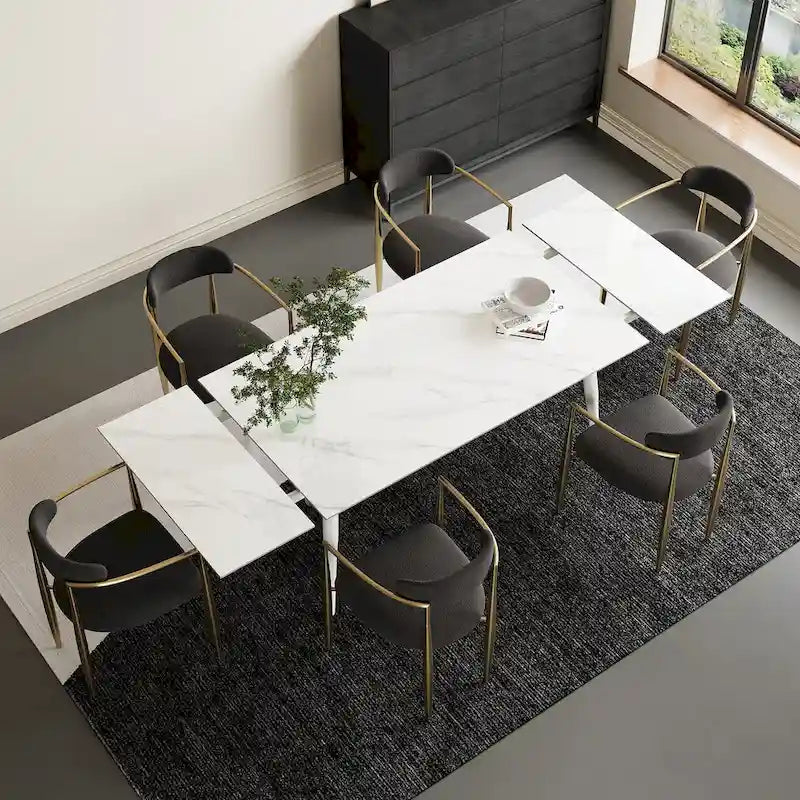 7 - Piece Extendable Sintered Stone Dining Table Dining Set With 6 Fabric Chairs