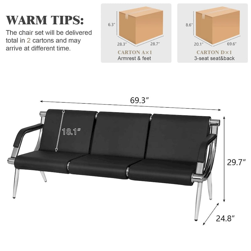 Kinbor 1/2/3-Seat Leather Waiting Chair Reception Bench for Salon Barber Bank Hospital