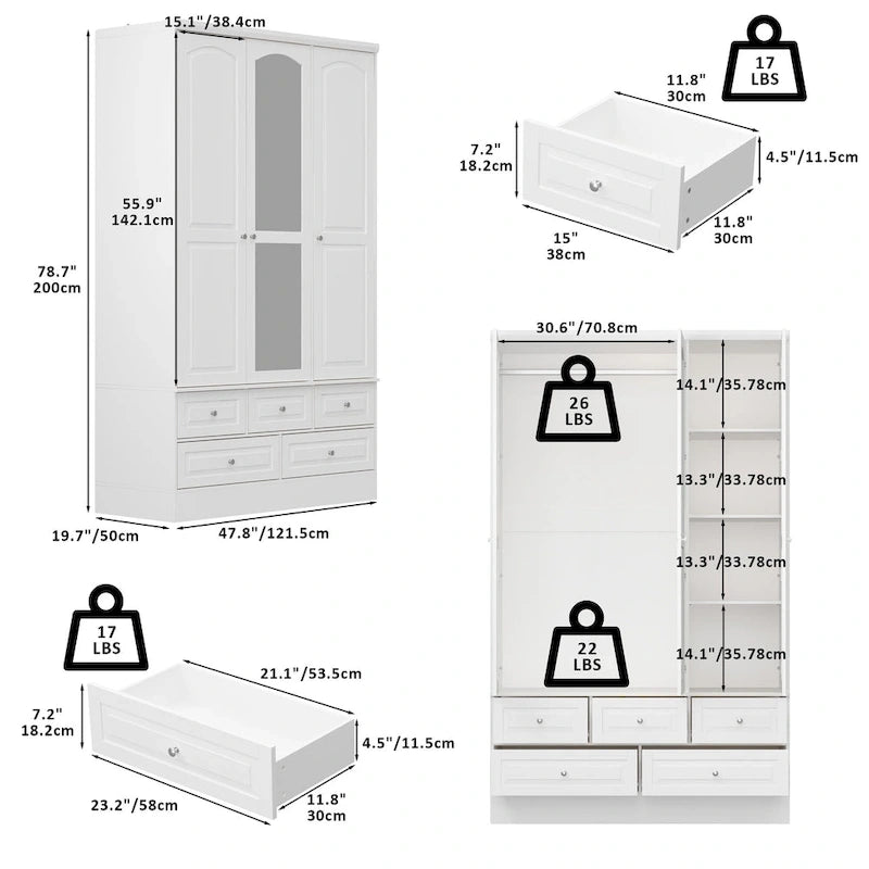 Modular Majesty Double Wardrobe Mirror-Front Storage Closet Armoires