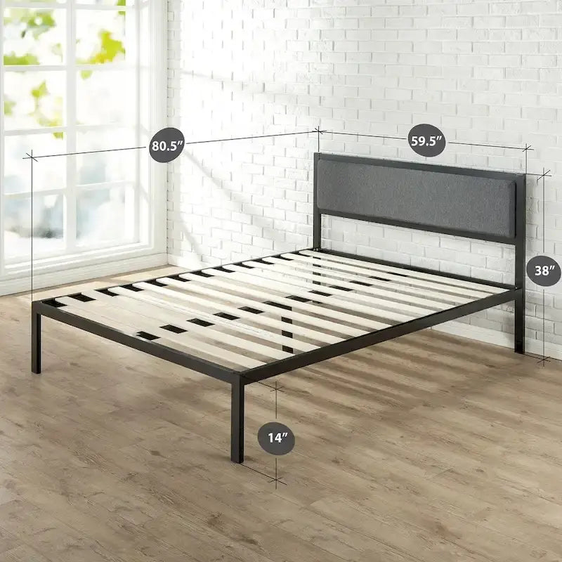 Priage by Zinus Black Steel Platform Bedframe w/ Grey Fabric Headboard