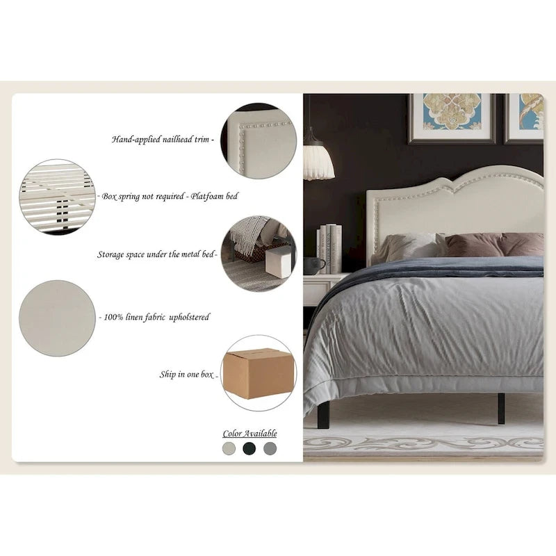 CraftPorch Elegant Linen Nailhead Upholstered Platform Bed