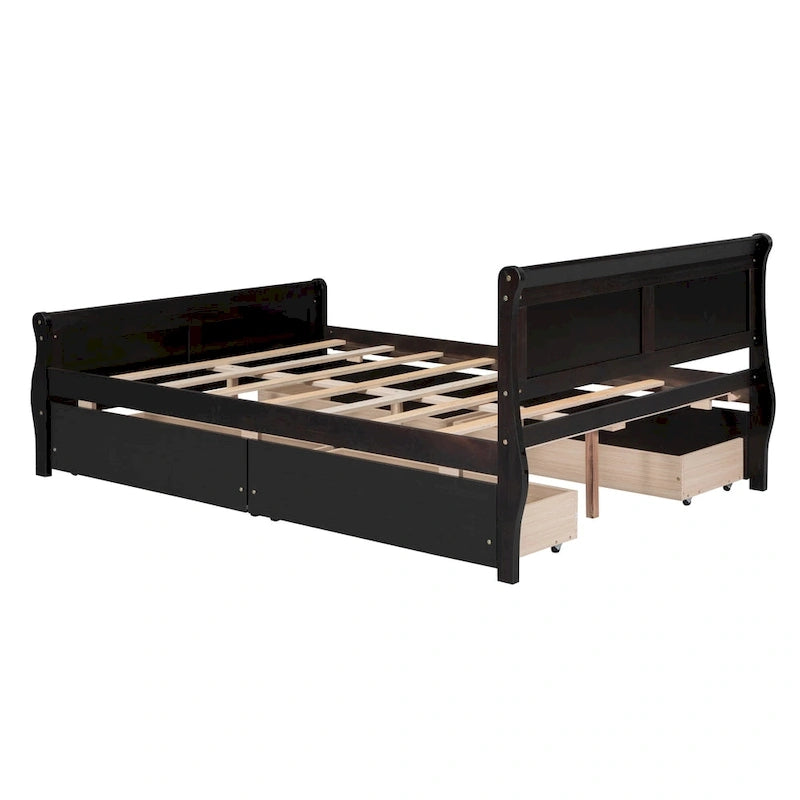 Full Size Wood Platform Bed with 4 Drawers and Streamlined Headboard